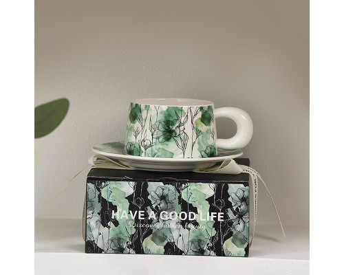 Сувенирный подарочный кофейный набор Qinglan Ruomeng чашка+блюдце+подарочная коробка керамический White
