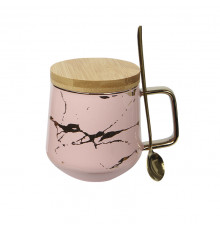 Чайная чашка A2024 з бамбуковою кришкою та ложкою золотой мрамор Pink