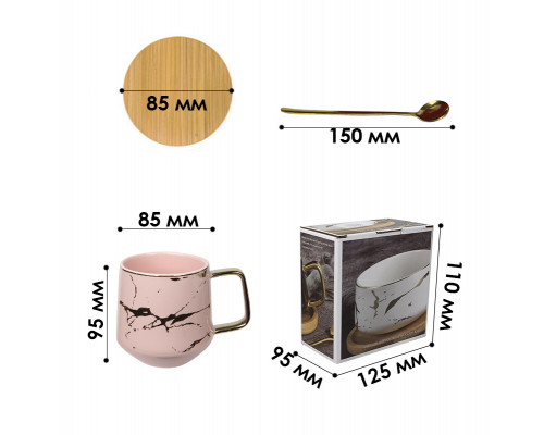 Чайная чашка A2024 з бамбуковою кришкою та ложкою золотой мрамор Pink