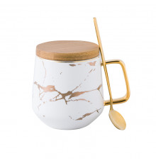 Чайная чашка A2024 з бамбуковою кришкою та ложкою золотой мрамор White