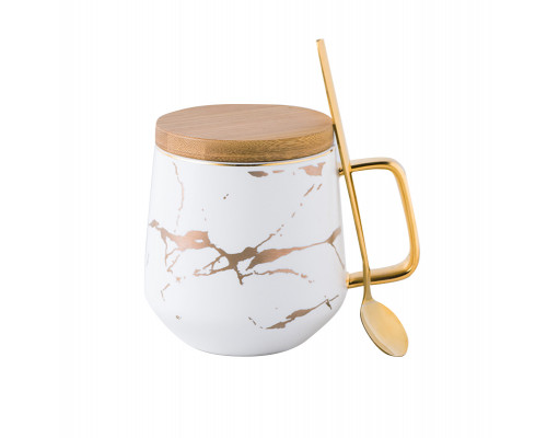Чайная чашка A2024 з бамбуковою кришкою та ложкою золотой мрамор White