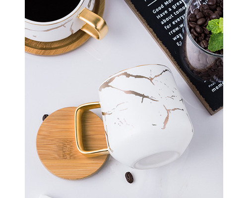 Чайная чашка A2024 з бамбуковою кришкою та ложкою золотой мрамор White