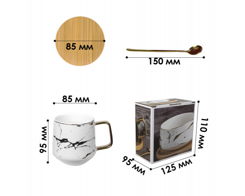 Чайная чашка A2024 з бамбуковою кришкою та ложкою золотой мрамор White