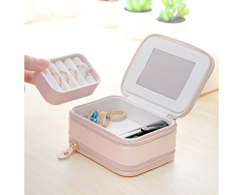 Шкатулка Casegrace SP-01167 для украшений и ювелирных изделий портативная с зеркалом и двойной молнией 11,5*8,5*5 см Pink