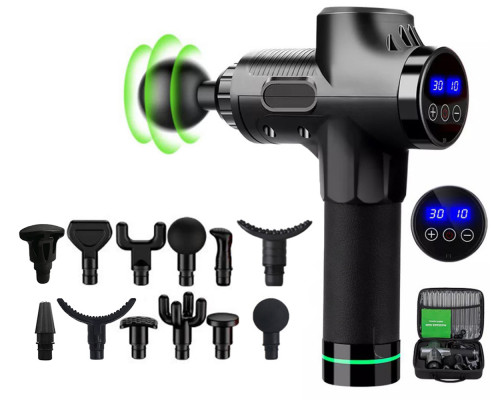 Ударный перкуссионный массажер  Massage Gun Max 30 режимов и 12 насадок с кейсом (Черный)
