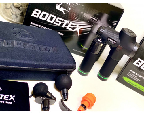 Модель 2024г. Ударный перкуссионный массажер Boostex (Massage Gun) 30 режимов, 20 насадок, запасная батарея 2500am/h, кейс