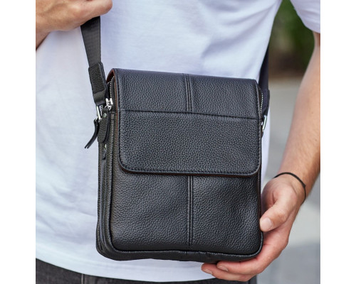 Мужская кожаная сумка планшет 21х24х6, барсетка на одно плечо Tiding Bag M1254A черная