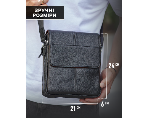 Мужская кожаная сумка планшет 21х24х6, барсетка на одно плечо Tiding Bag M1254A черная