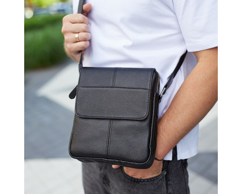 Мужская кожаная сумка планшет 21х24х6, барсетка на одно плечо Tiding Bag M1254A черная