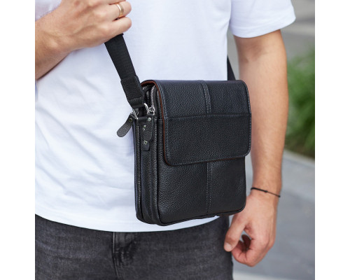 Мужская кожаная сумка планшет 21х24х6, барсетка на одно плечо Tiding Bag M1254A черная