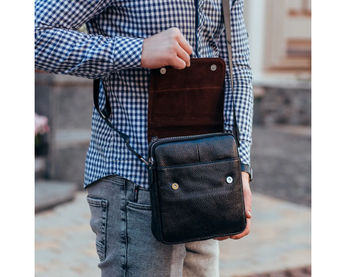 Мужская кожаная сумка планшет 21х24х6, барсетка на одно плечо Tiding Bag M1254A черная