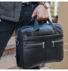 Кожаная мужская сумка для ноутбука и документов черная 39x28x8, портфель для бумаг, черный