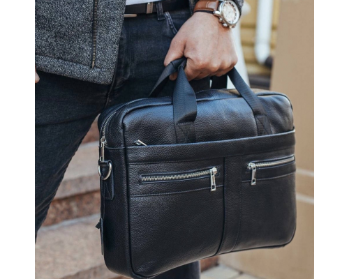 Кожаная мужская сумка для ноутбука и документов черная 39x28x8, портфель для бумаг, черный