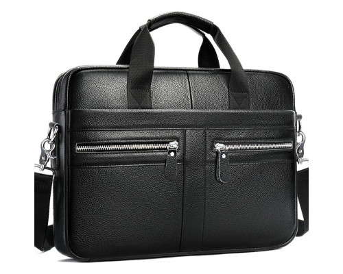 Кожаная мужская сумка для ноутбука и документов черная 39x28x8, портфель для бумаг, черный
