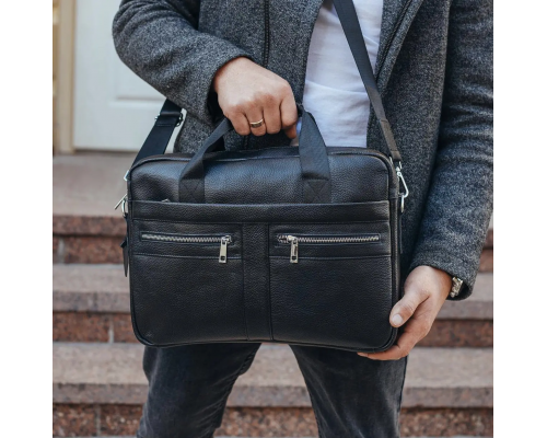 Кожаная мужская сумка для ноутбука и документов черная 39x28x8, портфель для бумаг, черный