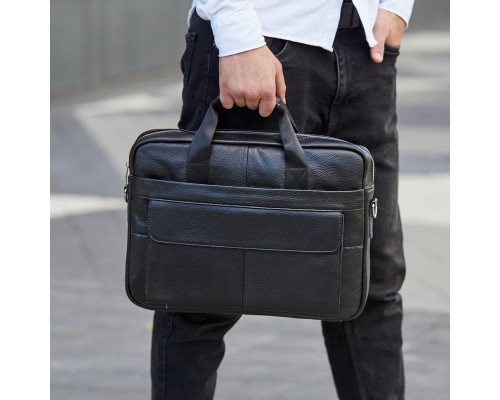 Кожаная мужская сумка для ноутбука и документов черная 39х28х8, портфель для офисного работника, черный