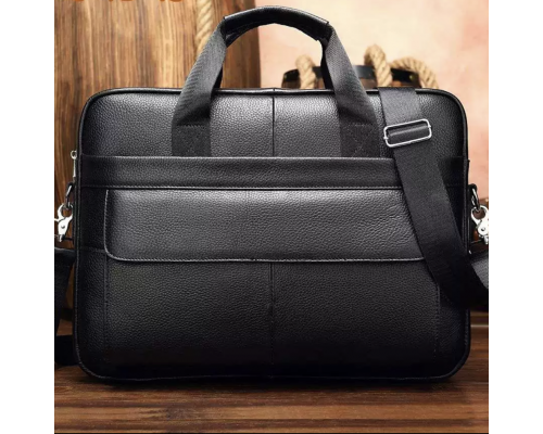 Кожаная мужская сумка для ноутбука и документов черная 39х28х8, портфель для офисного работника, черный