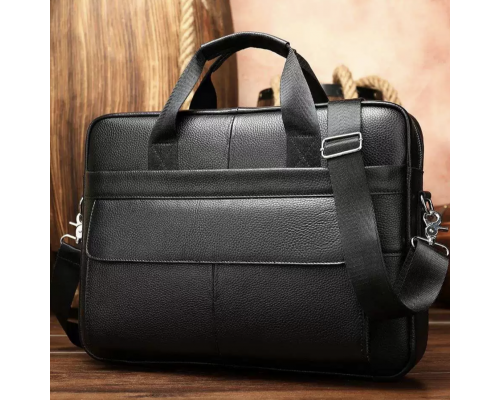 Кожаная мужская сумка для ноутбука и документов черная 39х28х8, портфель для офисного работника, черный