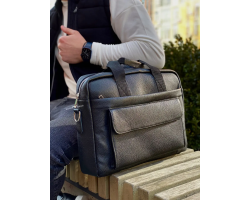 Кожаная мужская сумка для ноутбука и документов черная 39х28х8, портфель для офисного работника, черный