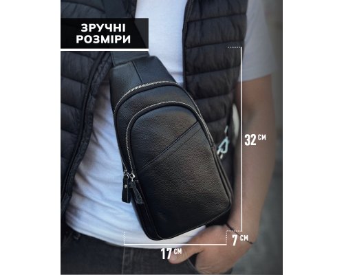 Сумка-слинг мужская через плече 17х32х8, бананка из натуральной кожи TIDING BAG A25F-515-1A черная
