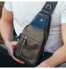 Кожаный черный мужской слинг 18х32х7, сумка рюкзак на одно плече TIDING BAG A25F-617-1A черная