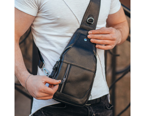Кожаный черный мужской слинг 18х32х7, сумка рюкзак на одно плече TIDING BAG A25F-617-1A черная