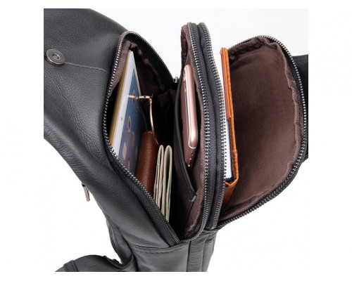 Кожаный черный мужской слинг 18х32х7, сумка рюкзак на одно плече TIDING BAG A25F-617-1A черная