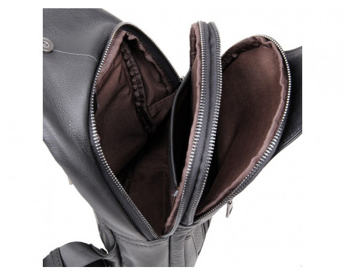 Кожаный черный мужской слинг 18х32х7, сумка рюкзак на одно плече TIDING BAG A25F-617-1A черная