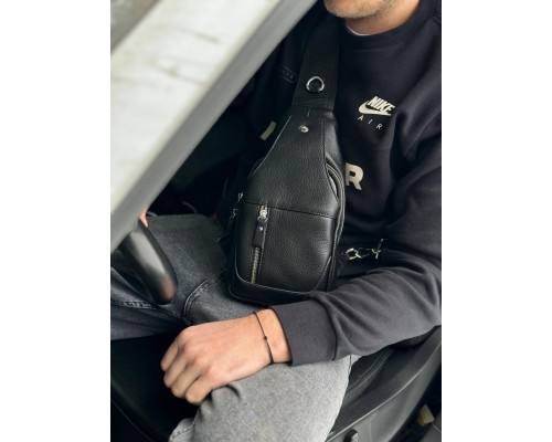 Кожаный черный мужской слинг 18х32х7, сумка рюкзак на одно плече TIDING BAG A25F-617-1A черная
