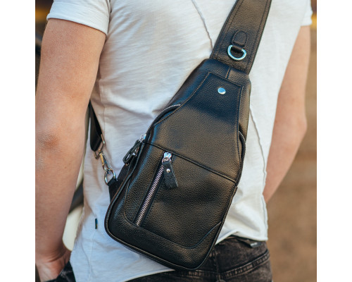 Кожаный черный мужской слинг 18х32х7, сумка рюкзак на одно плече TIDING BAG A25F-617-1A черная
