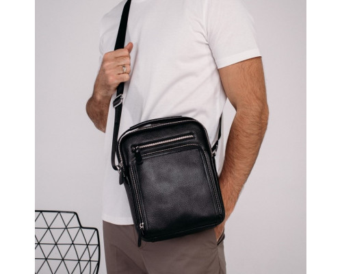 Кожаная мужская сумка-барсетка 21х26х6, мессенджер через плечо с ручкой Tiding Bag M32432 черный
