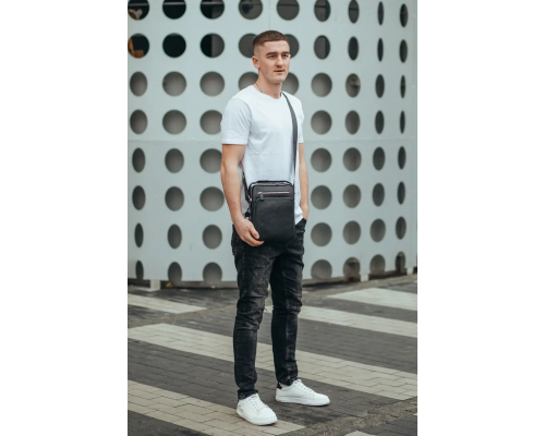 Кожаная мужская сумка-барсетка 21х26х6, мессенджер через плечо с ручкой Tiding Bag M32432 черный