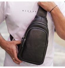 Мужской слинг кожаный 32х18х8, сумка рюкзак на плечо зернистая, бананка для документов23242 черная