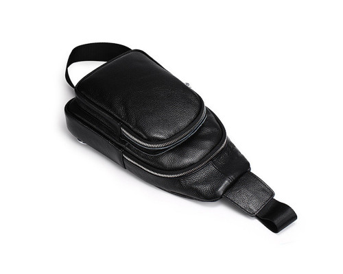 Мужской слинг кожаный 32х18х8, сумка рюкзак на плечо зернистая, бананка для документов23242 черная