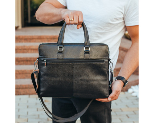 Кожаная мужская деловая сумка 38x29x8, папка портфель для работы Tiding Bag 30987 черная