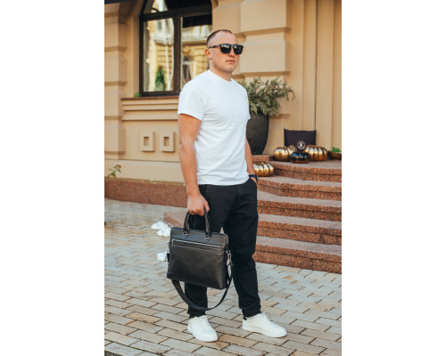 Кожаная мужская деловая сумка 38x29x8, папка портфель для работы Tiding Bag 30987 черная