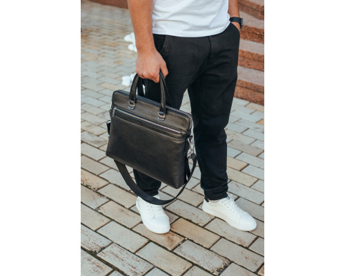 Кожаная мужская деловая сумка 38x29x8, папка портфель для работы Tiding Bag 30987 черная