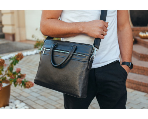 Кожаная мужская деловая сумка 38x29x8, папка портфель для работы Tiding Bag 30987 черная