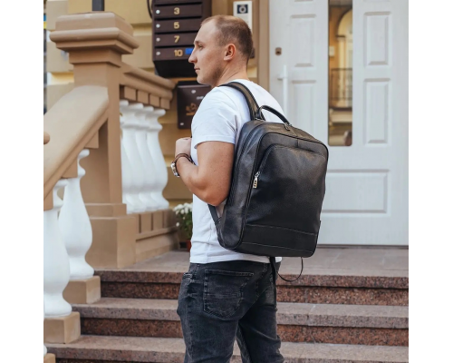 Рюкзак мужской кожаный 28х40х14, городская наплечная сумка для ноутбука и документов, черный