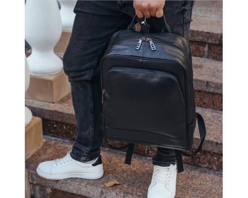 Рюкзак мужской кожаный 28х40х14, городская наплечная сумка для ноутбука и документов, черный