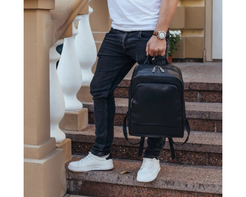 Рюкзак мужской кожаный 28х40х14, городская наплечная сумка для ноутбука и документов, черный