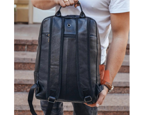 Рюкзак мужской кожаный 28х40х14, городская наплечная сумка для ноутбука и документов, черный