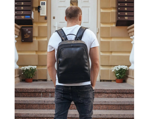 Рюкзак мужской кожаный 28х40х14, городская наплечная сумка для ноутбука и документов, черный