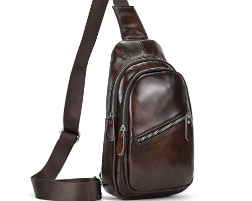 Мужской кожаный слинг на одно плечо 18х32х7, сумка-бананка для города TIDING BAG 62867 коричневая