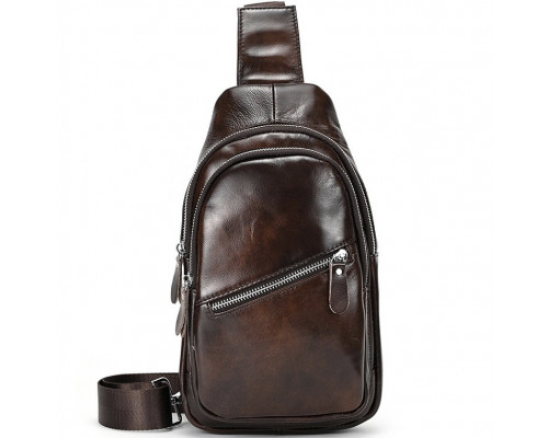 Мужской кожаный слинг на одно плечо 18х32х7, сумка-бананка для города TIDING BAG 62867 коричневая