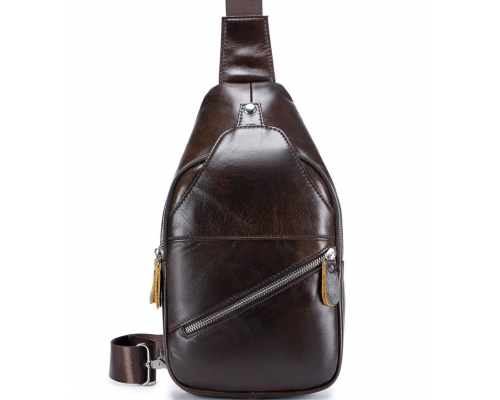 Мужской кожаный рюкзак на одно плечо 18х32х7, сумка-слинг для города TIDING BAG MK03983 коричневая