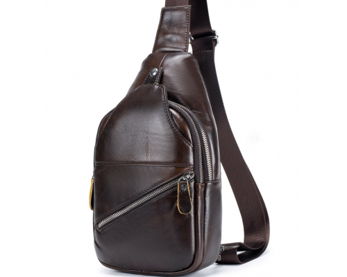 Мужской кожаный рюкзак на одно плечо 18х32х7, сумка-слинг для города TIDING BAG MK03983 коричневая