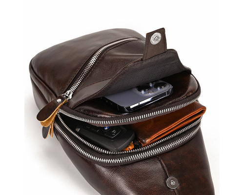 Мужской кожаный рюкзак на одно плечо 18х32х7, сумка-слинг для города TIDING BAG MK03983 коричневая
