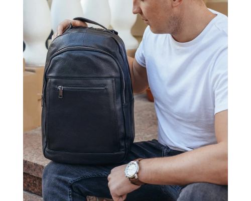 Кожаная мужской наплечная сумка для ноутбука и поездок 28х42х18, рюкзак для работы Tiding Bag D3-9343, черный