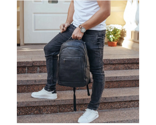 Кожаная мужской наплечная сумка для ноутбука и поездок 28х42х18, рюкзак для работы Tiding Bag D3-9343, черный